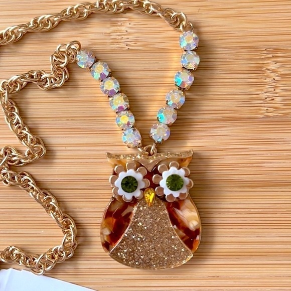 Brand New Betsey Johnson Owl Pendant Necklace Gold Tone Sparkly Fall Autumn - Picture 2 of 10